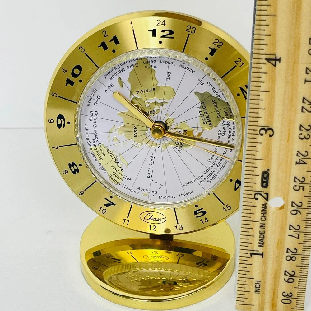 Chass World Time Desk Clock Gold Tone Professional Travel Executive For Parts